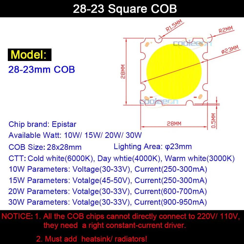 28x28mm Square COB LED Chip Light Source 10W 15W 20W 30W COB Lamp for LED Spotlight Floodlight Downlight 20mm Round Lighting