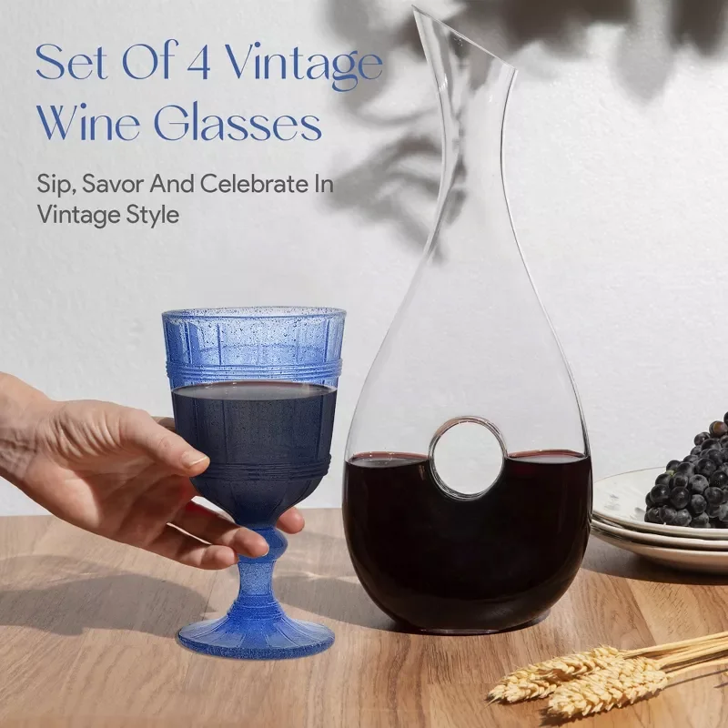 SUNYO Vintage Bubbles 11 Ounce Capacity Colored Wine Glasses Vintage Style Glassware Dishwasher Safe Set of 4 Blue Glass Cup