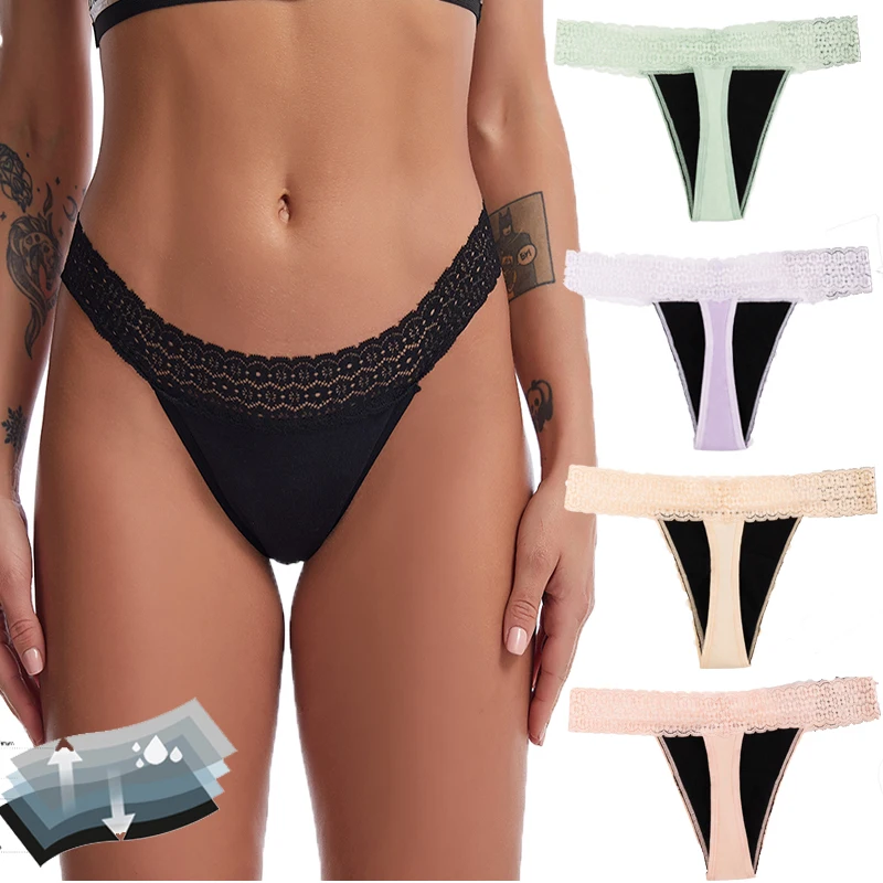 LEVEL 040 Custom logo t back thongs women Sexy 4 layers absorbent menstruation panties cotton women thong period panties