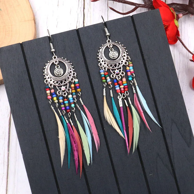 VRIUA Ethnic Bohemian Boho Long Feather Indian Earrings For Women Brincos Bijoux Charm Gypsy Hippie Tribe Vintage Ladies Earring