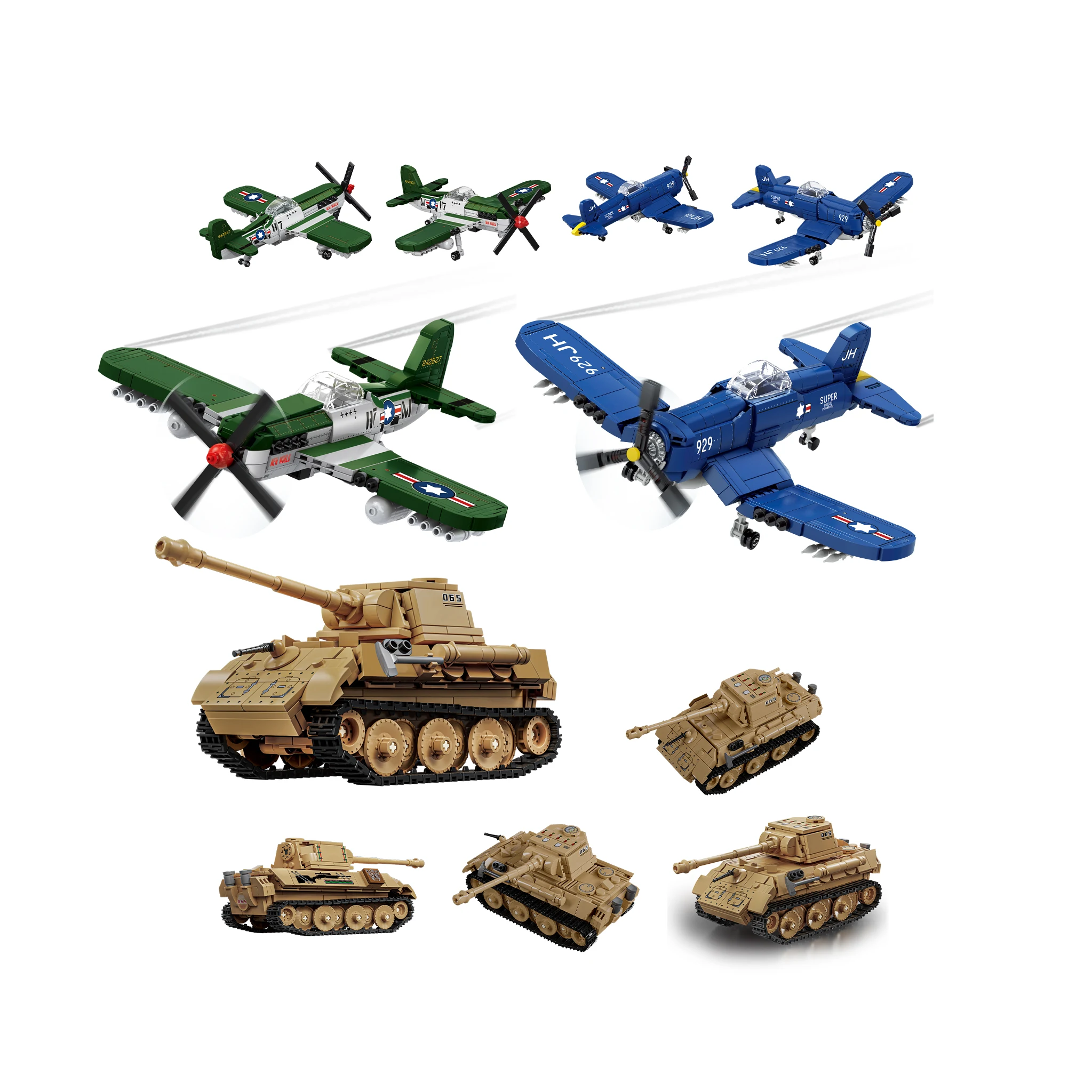 526+pcs World War Air Force P-51 Mustang Fighter Corsair Plane Aircraft Leopard Tank Military Equipment Model Building Block Set