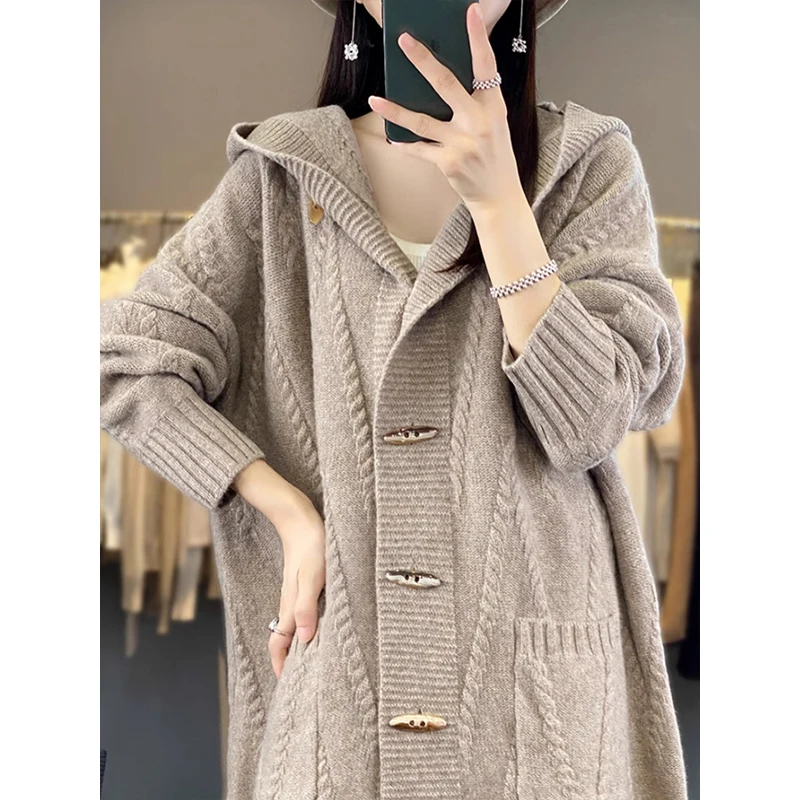 Guoou Inner Mongolia Wool  Mid Long 100% Cashmere Sweater Cable Cardigan Hooded Cardigan Women