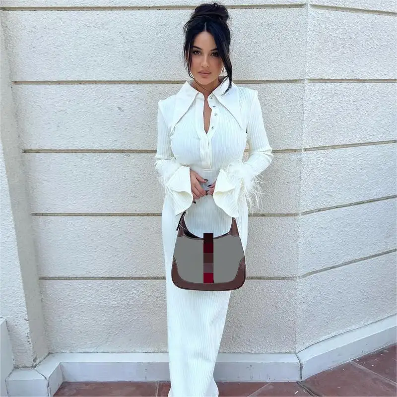 White Color Women Elegant Long Sleeve Shoulder Padded Dress Knit Button Dress With Fur