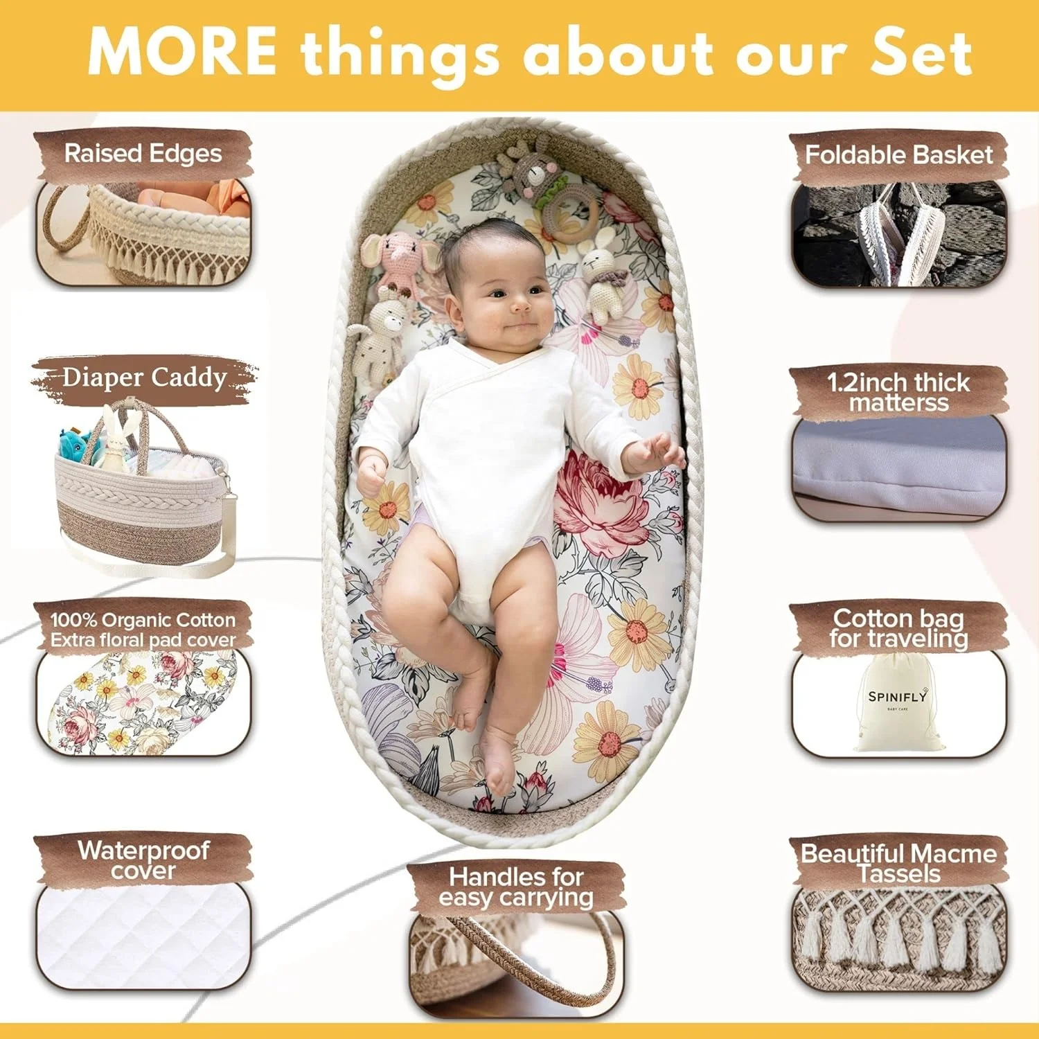100% Cotton Rope Newborn Moses Basket Changing Basket Rope Woven Portable Baby Cot Moses Basket And Bedding Mattress Set