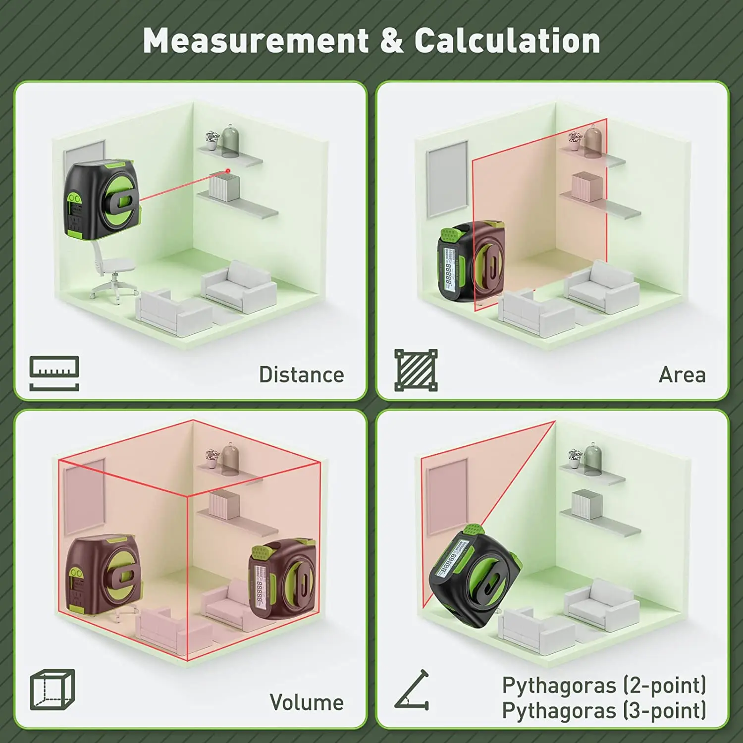 Huepar DT30 5m Laser Distance 16ft Length Various Construction Lcd Display Usb Laser Measuring Tape