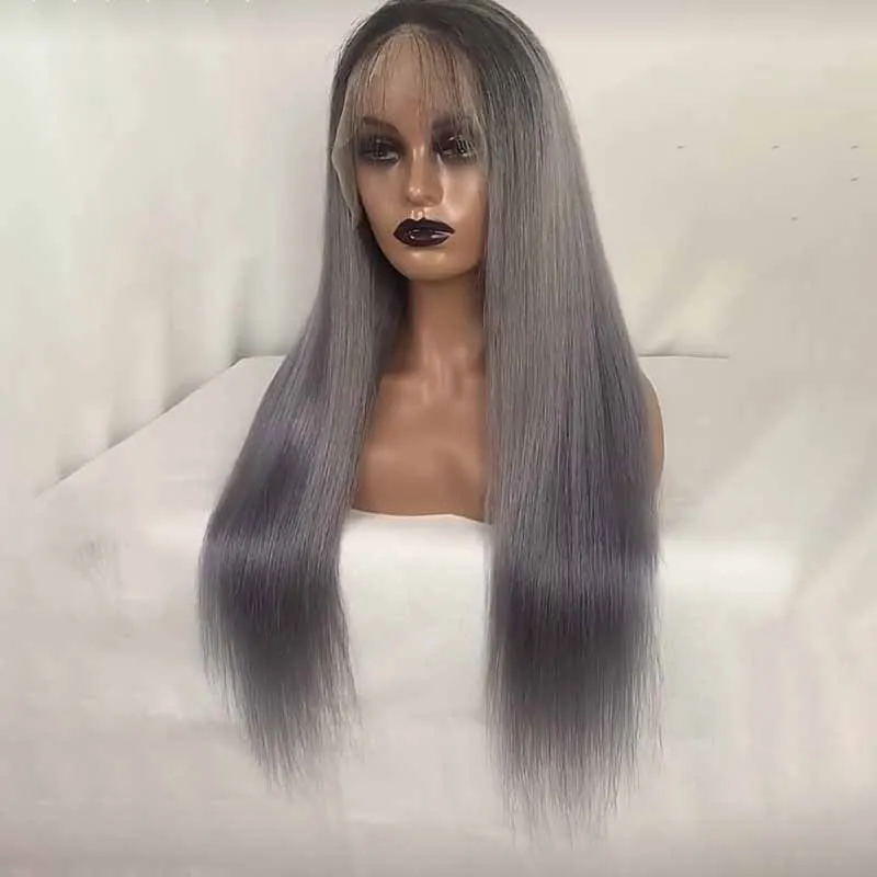 preplucked bleached knots human hair lace wig straight gray color front brazilian human hair transparent lace front wig