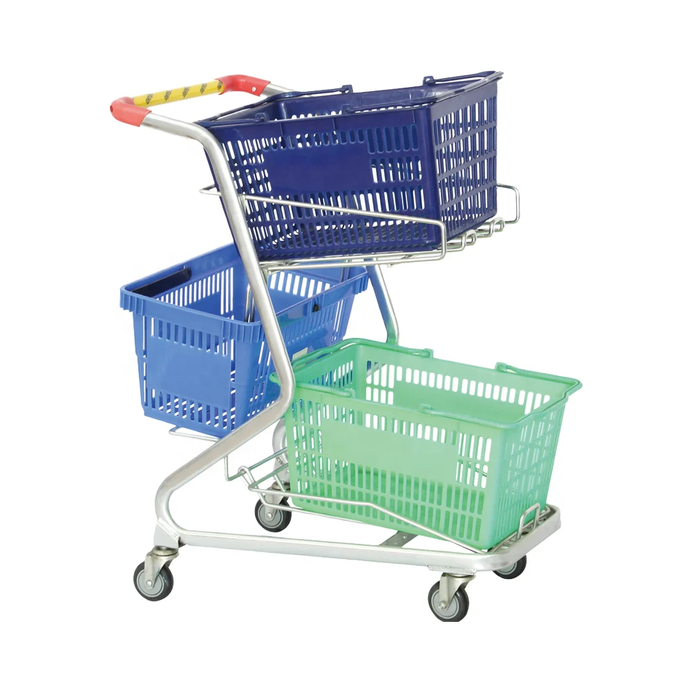 Wholesale 2 Layer Supermarket Shopping Trolley Basket Trolley Cart grocery shopping cart with plastic basket