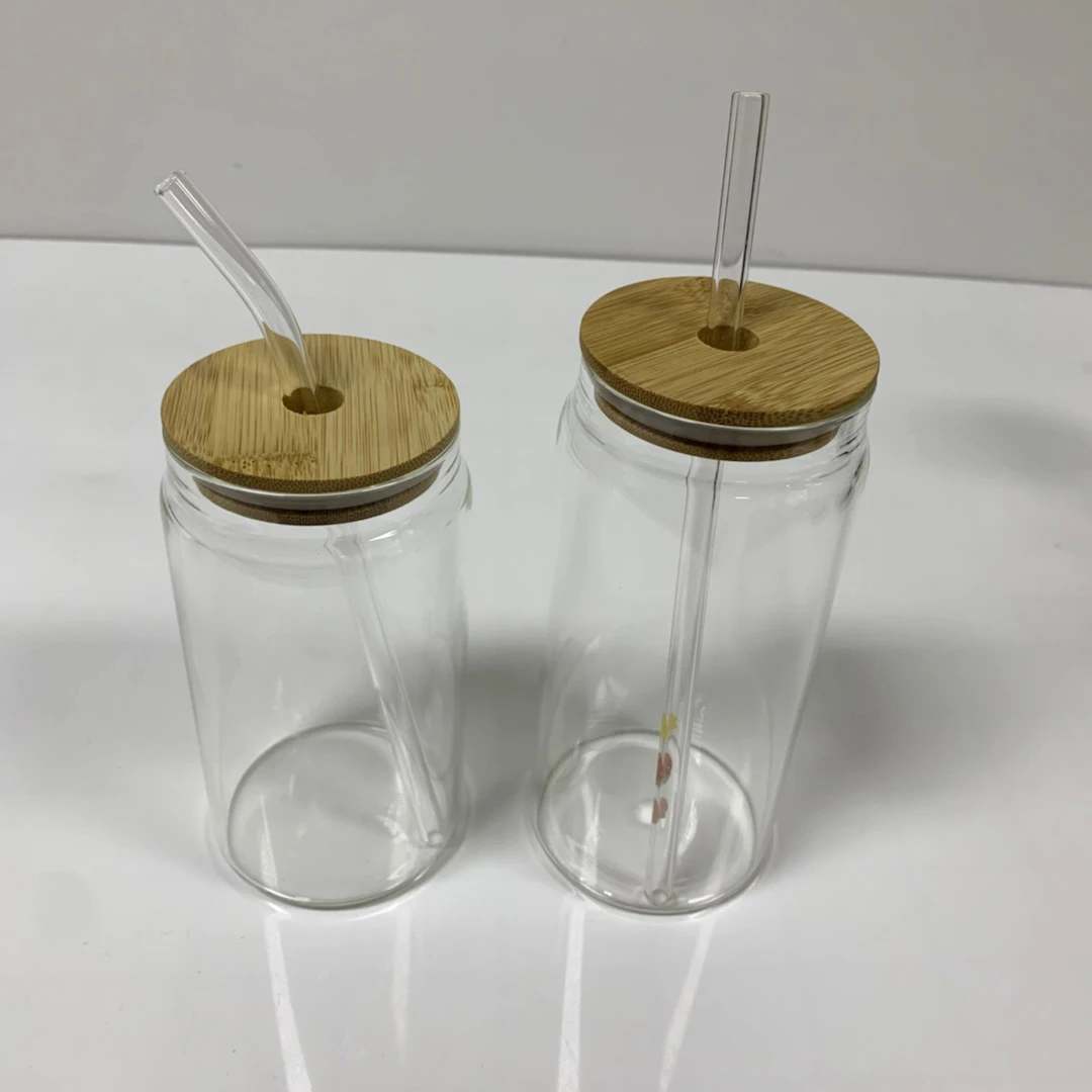 NO MOQ high borosilicate glass sublimating tumbler  with handle 16oz 18oz glass tumblers with bamboo lid straw