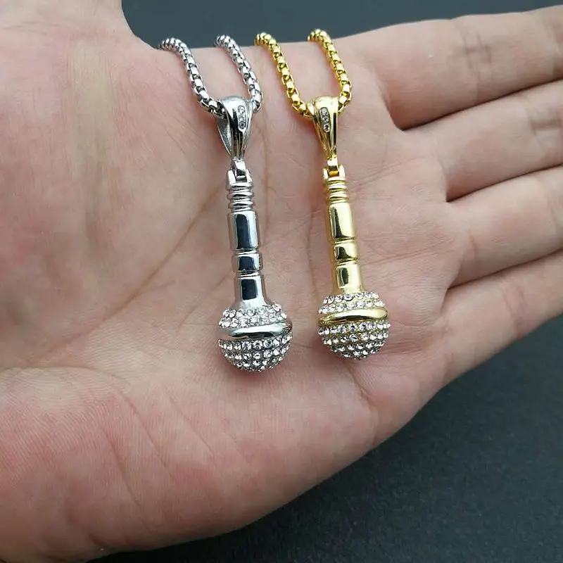 Crystal Diamonds Stainless Steel Microphone Necklace Gold Microphone Pendant Necklace