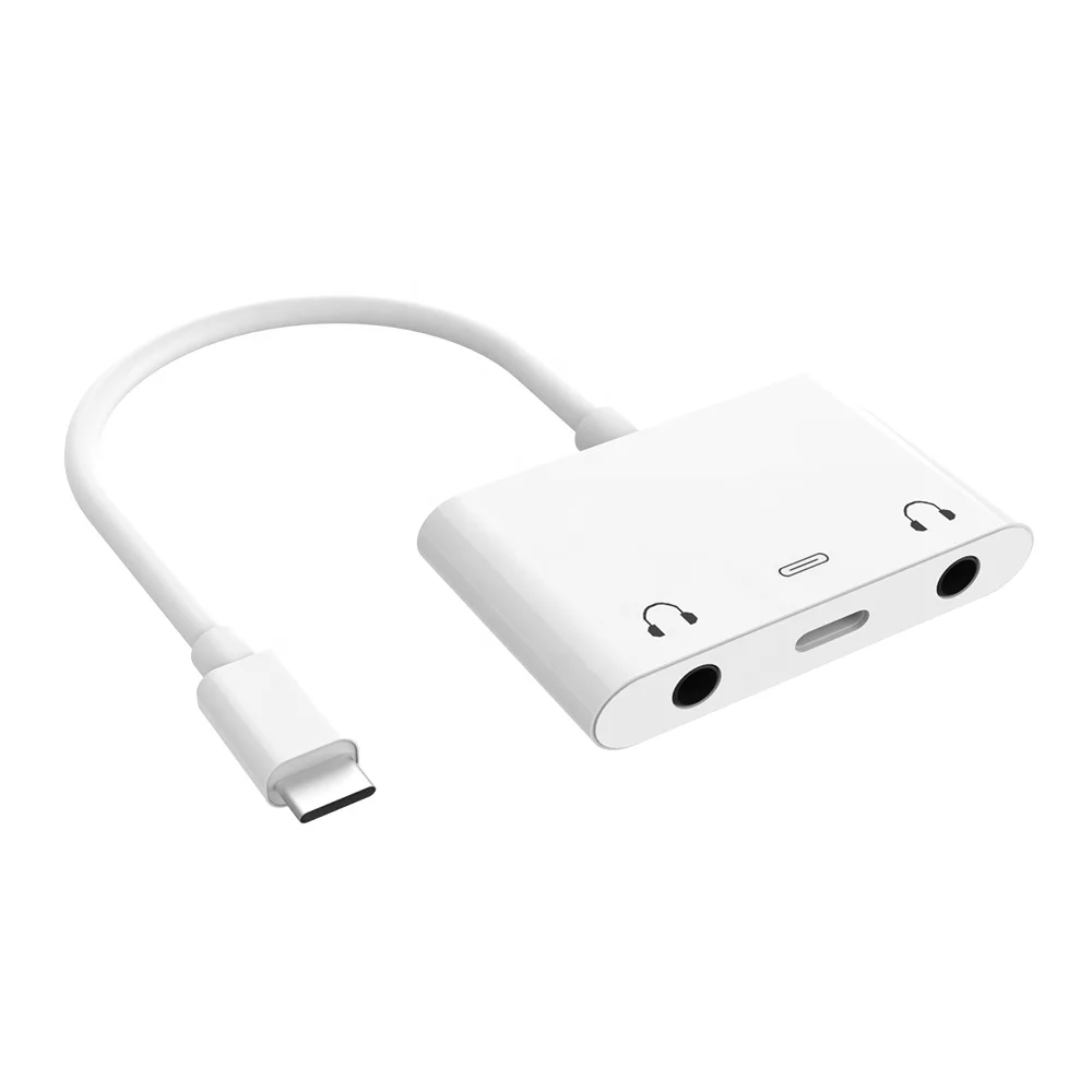 Vnew White 3 in 1 Type C to Type C and dual 3.5mm Audio Adapter USB C Sound Card Splitter with fast charging and music