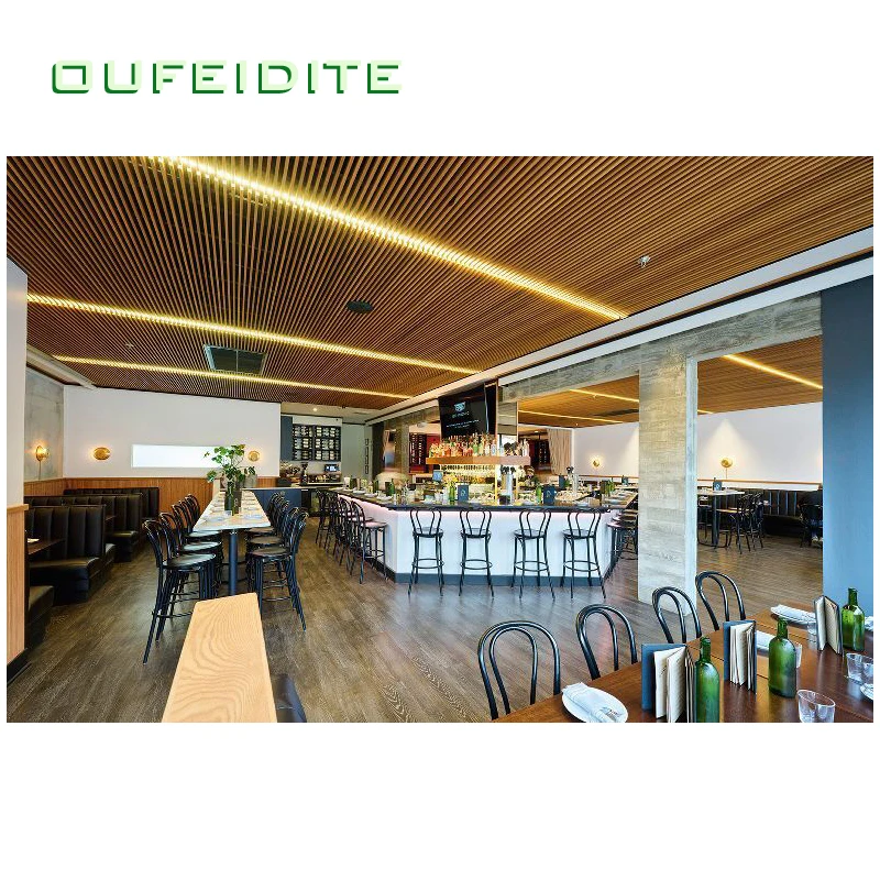 OFDT Wooden Grain Aluminum U Shape Stretch Baffle Ceiling Metal Suspended Profile Strip Ceiling