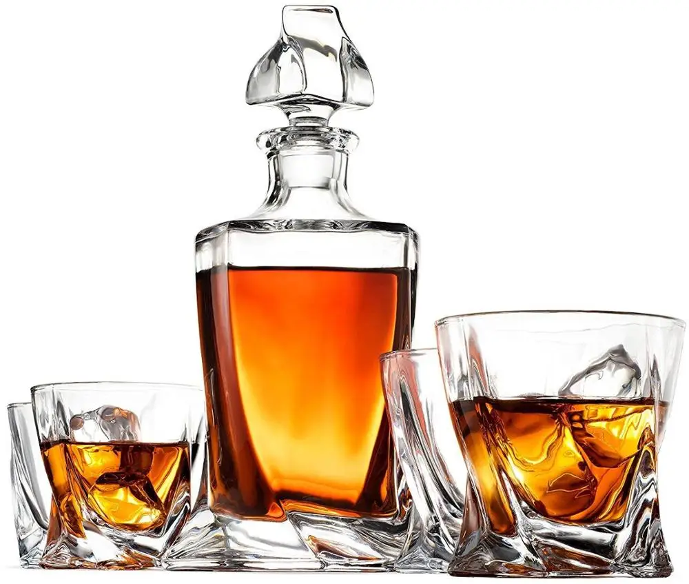 
2021 Amazon Hot Selling set of 5pcs European Style Twisted Whiskey Decanter Set with Custom package 