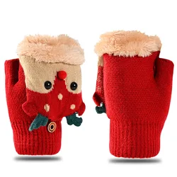 Winter Kids Outdoor Thick Fleece Lined Gloves Christmas Red Half Finger Gloves With Cap Children Girls Knitted Warm Gloves