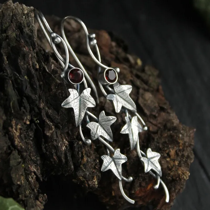 Korean Silver Plated Leaf Vine Earrings with Cubic Zirconia Ethnic Antique Plant Earring Women Jewelry