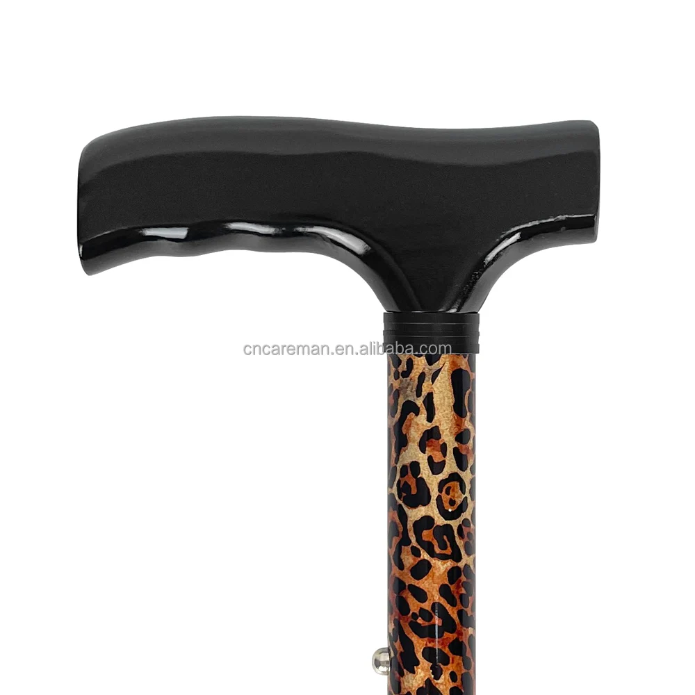 Leopard Print Folding Cane Walking Stick Wooden Handle Rubber Tip Collapsible Fashion Decorative Patterned 5 Adjustable Heights