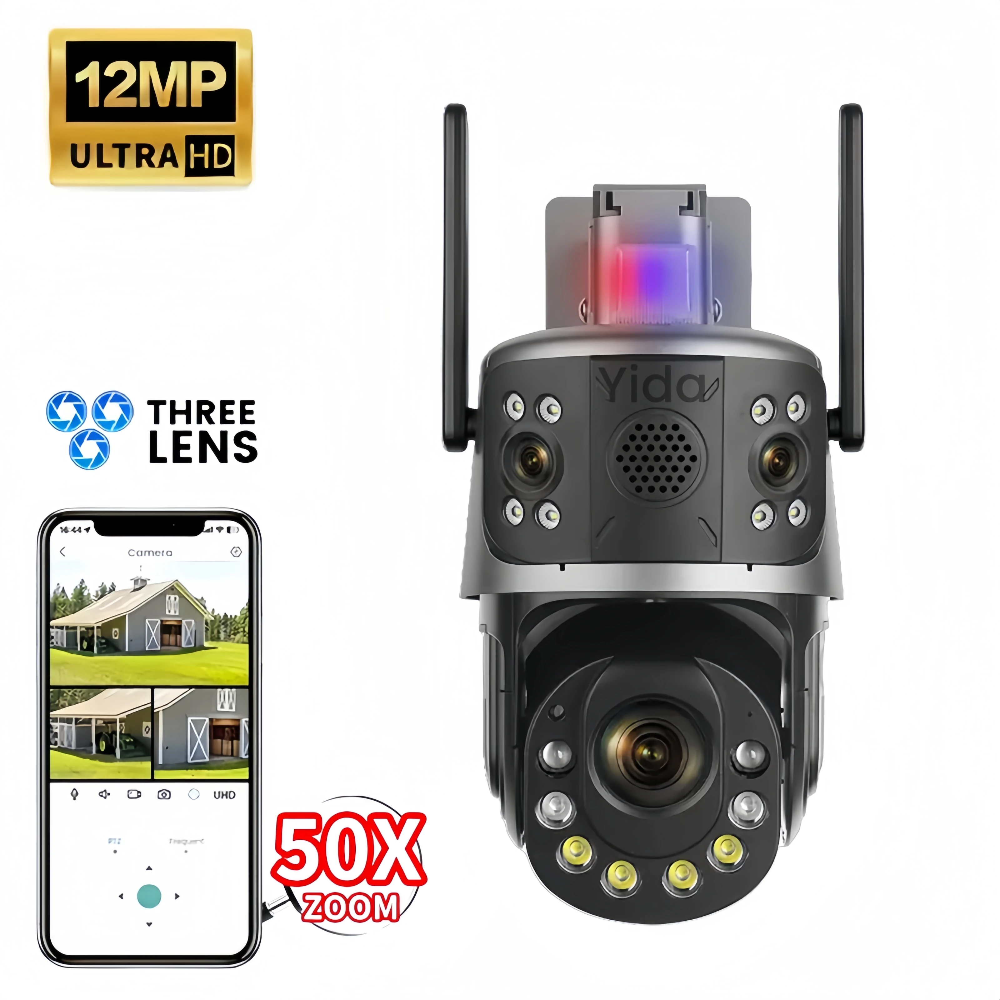 iCsee 12MP 50X Optical Zoom Wireless WiFi 4G CCTV PTZ Camera Three Lens Outdoor Linkage Alarm Wifi  IP Security Camera
