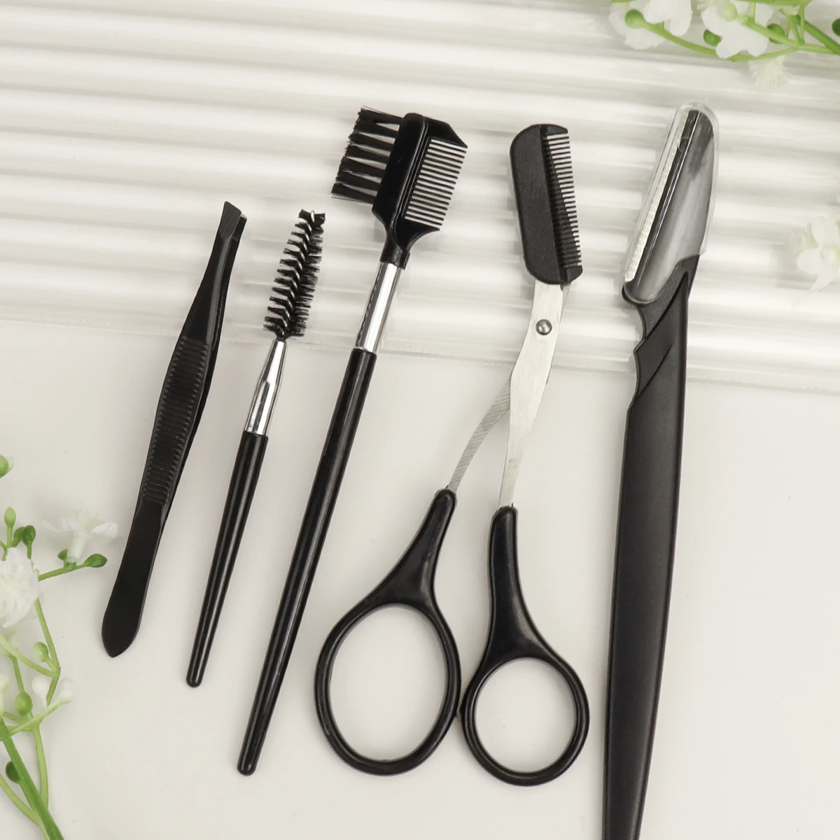 5 шт Черный бровей обрезки набор для придания формы бровям, набор инструментов для бровей, ножницы, пинцет, комплект