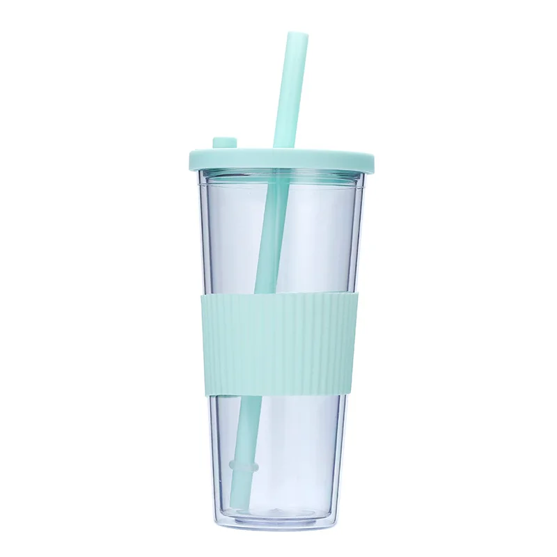 Wholesale Portable Double-layer Plastic Cup With lid and straw AS 24oz  Various color Large hole universal drink sports cup