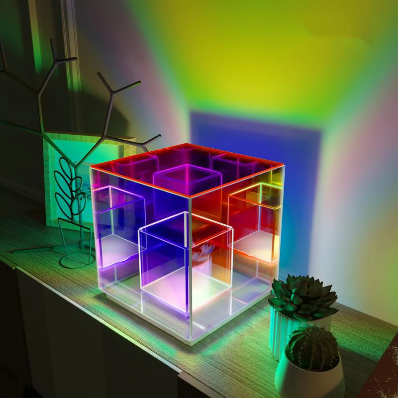 New Modern Restaurant Cube Desk Lamp Acrylic Magic Cubes Led Colorful Night Light Decorative Acrylic Table Lamp