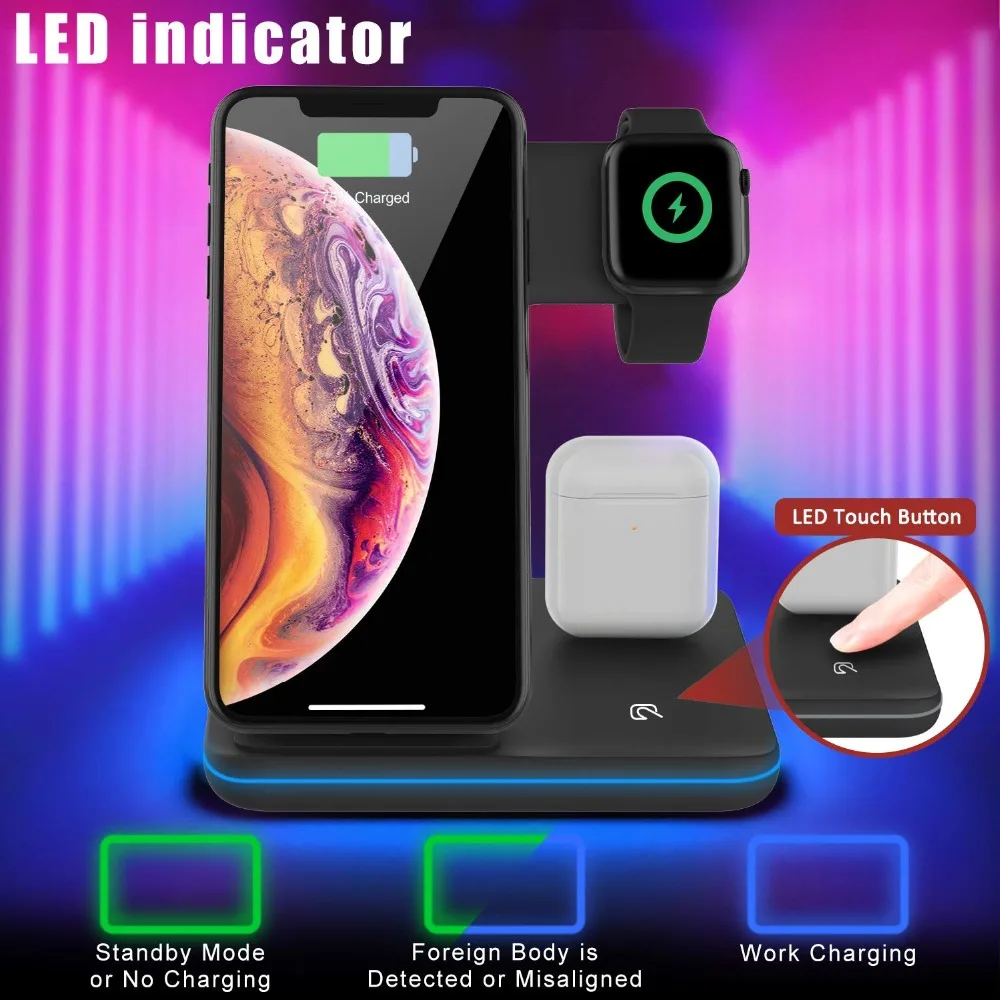 Wireless Fast Charger Qi Portable 3 in 1 Charging Station Cellphone For iPhone Earbuds Air Pod
