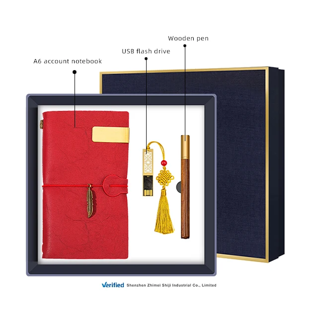 Innovative giveaways new product ideas 32GB USB flash drive with Chinese knot brass wood pen A6 plain notebook luxury gift set
