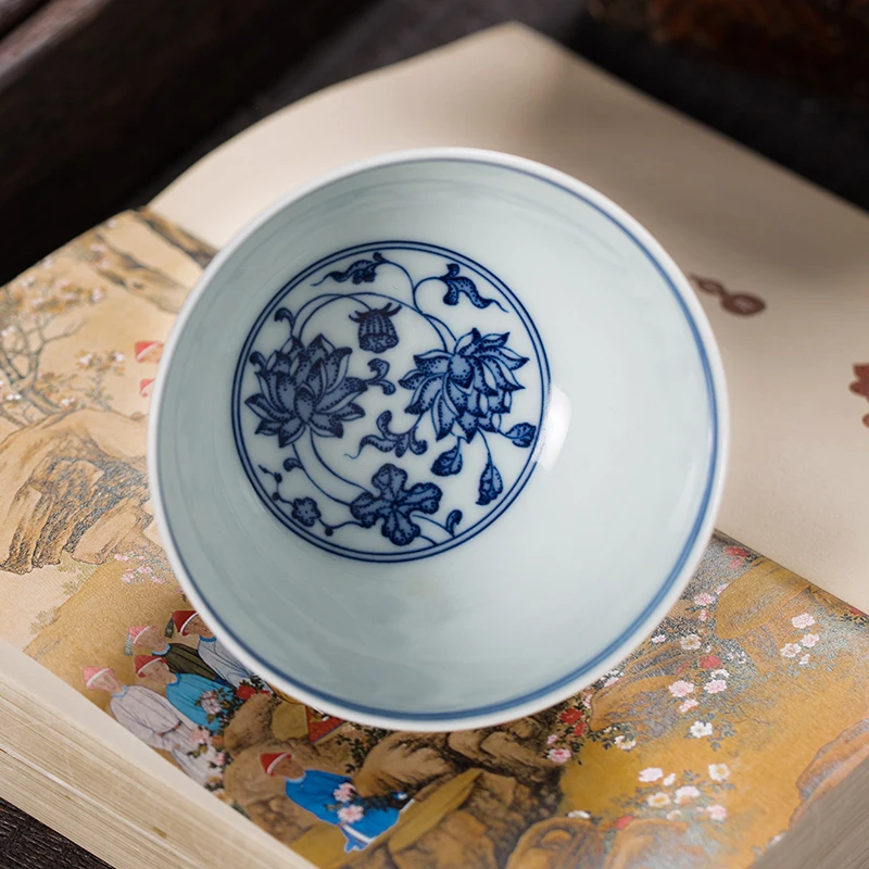 Handmade Jingdezhen Porcelain Tea Set Stone Kiln Blue and White Ceramic Tea Cup Hand-Painted Lotus Kung Fu Tea Cup Wholesale