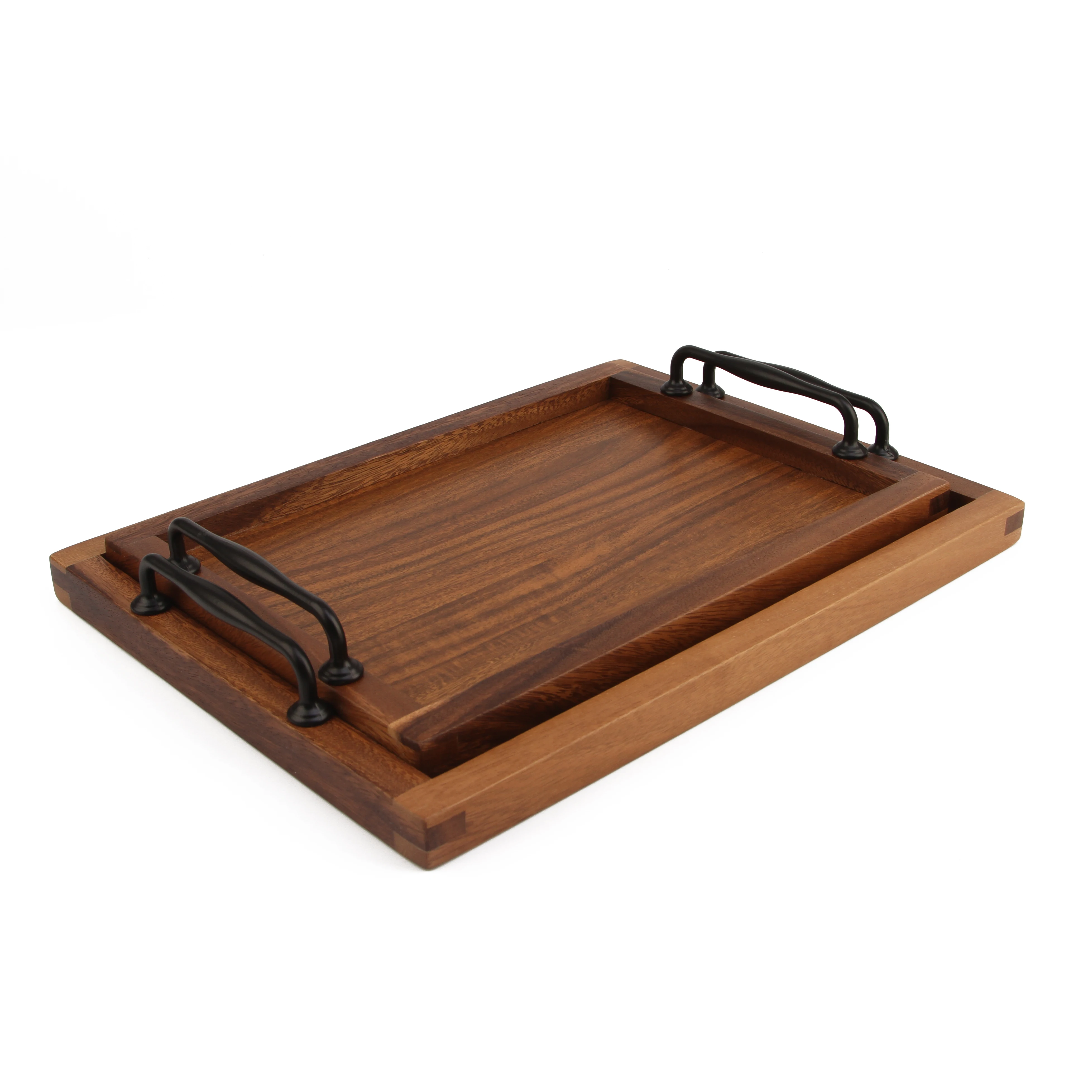 Kitchen Rustic Wooden Serving Tray Set with Metal Handles | 2 Nesting Decorative Trays for Coffee Table, Ottoman
