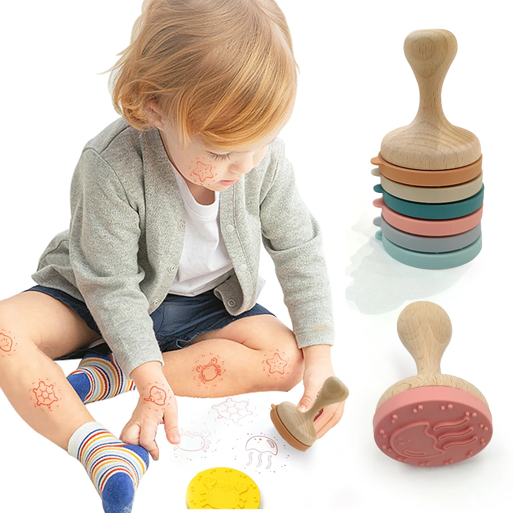 Hot Selling Silicone Custom Set Toy Wooden handle Stamp For Gifts And Kids