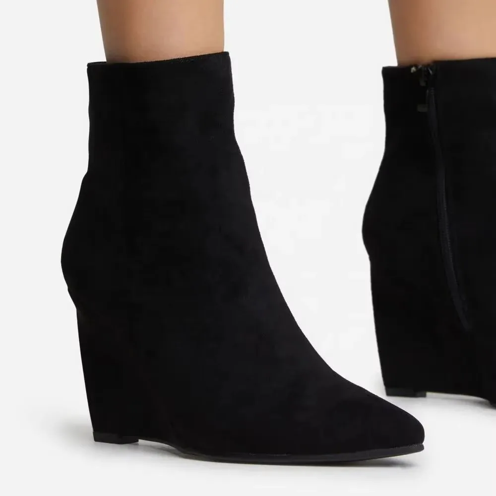 pointed toe wedge heel black faux suede for women or  laddies ankle boots  women  wedge dress shoes