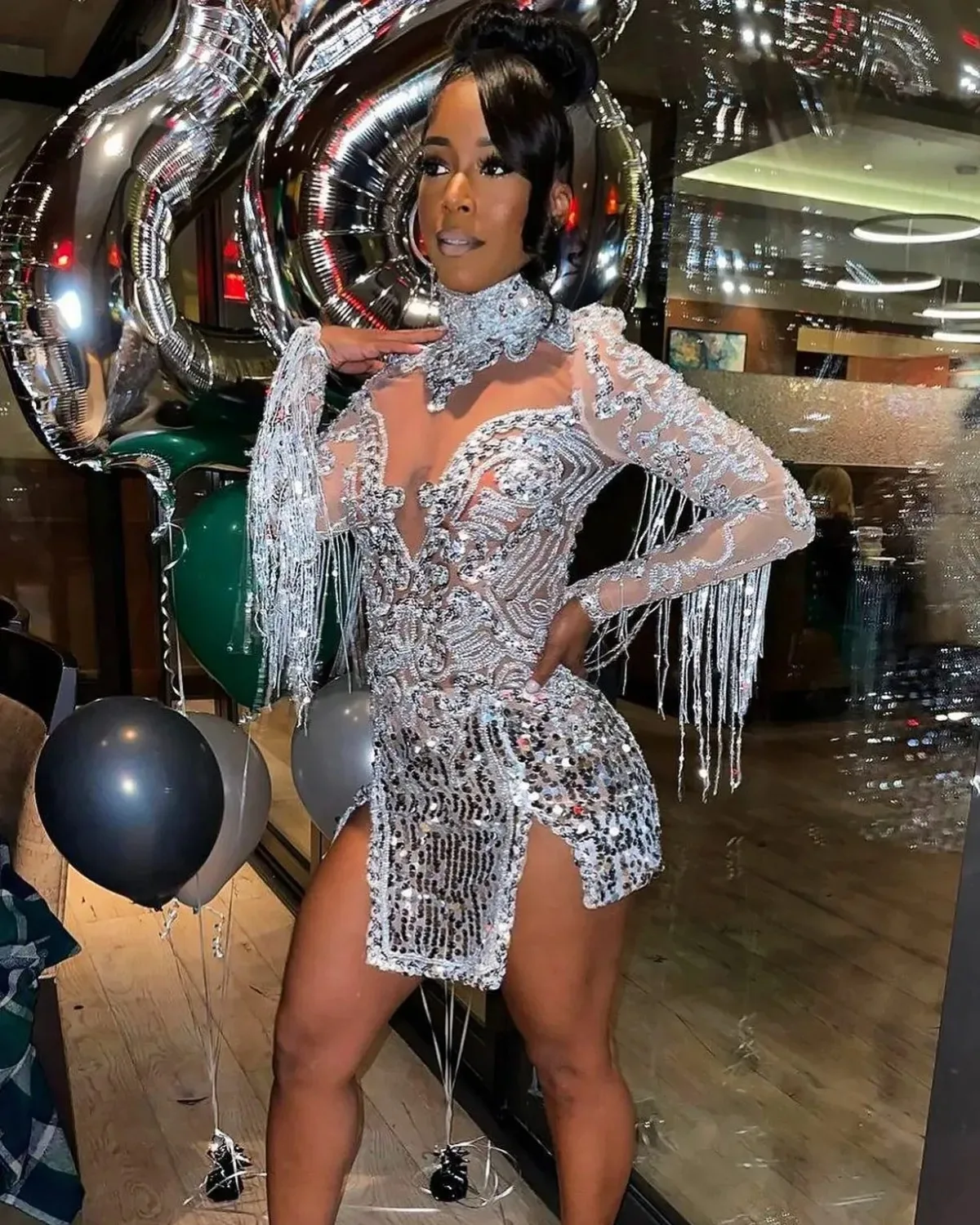 Dropshipping Custom Performance Clothing Shiny Sequined Mini Dress Party Club Transparent Sexy Glitter Fringe Dress
