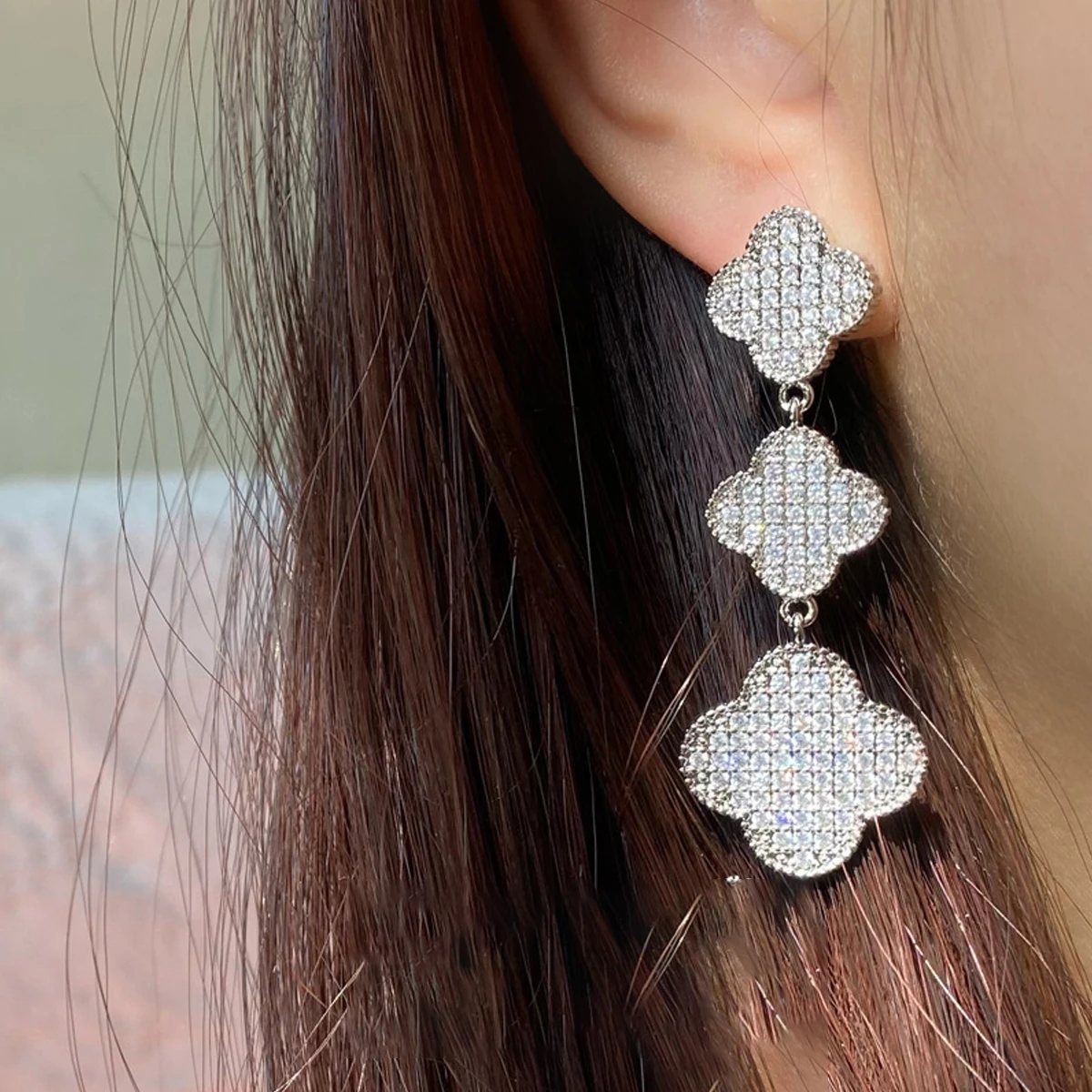New Trendy Luxury Cubic Zirconia Rose Gold Plated Four Leaf Clover Drop Earrings For Wedding Bridal
