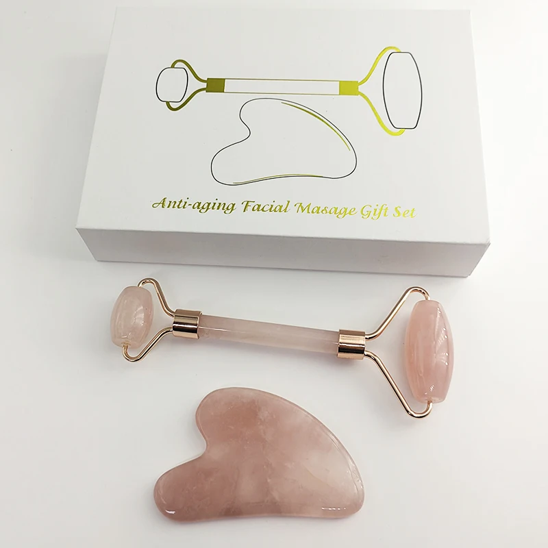 Custom logo jade roller 100% natural beauty massage for face facial jade stone double rose quartz jade