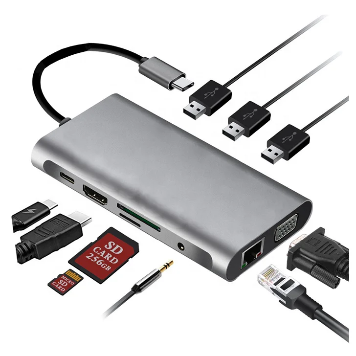 Type c 10-in-1 hub High-quality 10-port drive-free adapter High-speed usb lan adapter 10-in-1 Type c usb 3.0 hub