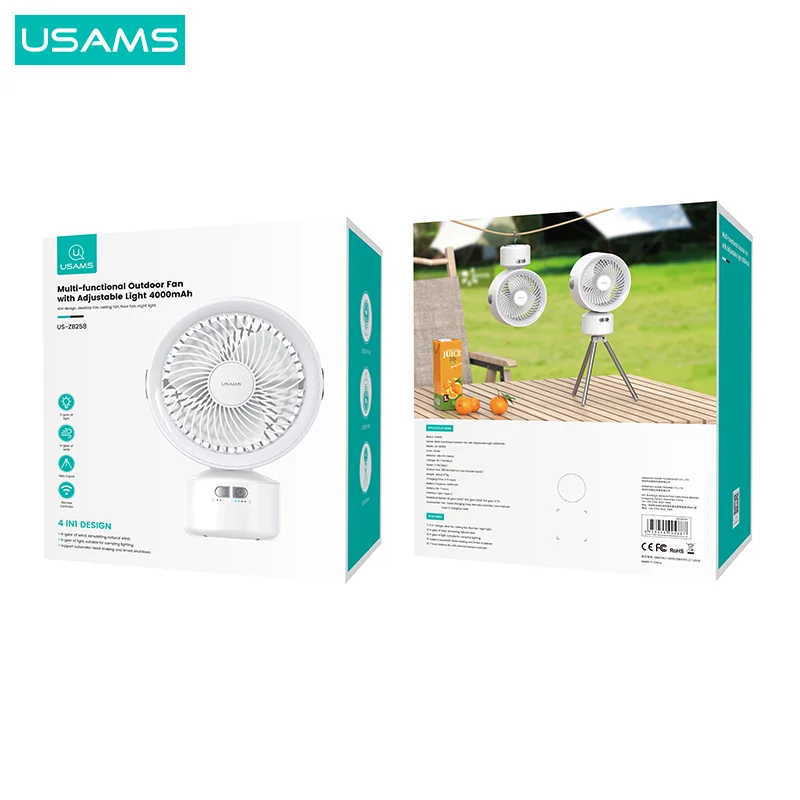 USAMS ZB258 outdoor camping fan with led light 4000mAh 4in1 design desk ceiling floor fan night light battery mini fan