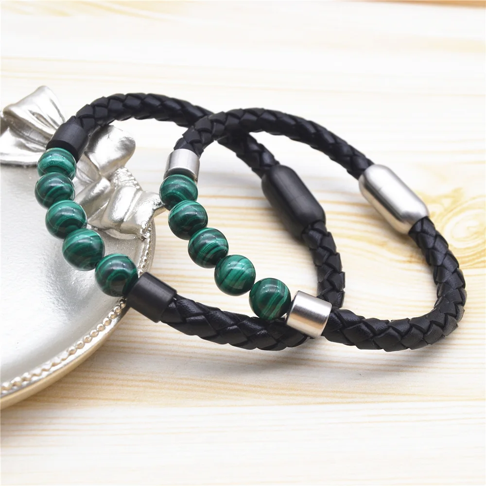  bestfriend green jade men accesories custom stainless steel magnetic leather braided friends crystal malachite bead man
