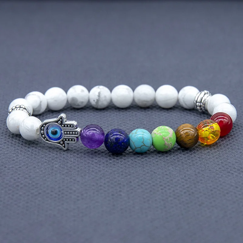 2022 New Arrival Natural Stone Hand Of Fatima Chakra Bracelet Coloful Lava Crystals Healing Stone Beaded Evil Eye Bracelet
