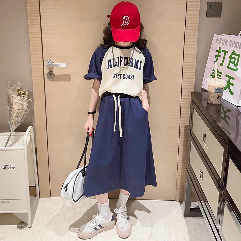 Explosive Model 2024 Summer Casual Children Clothes Set Short Sleeve Letter T-shirt Long Solid Skirt For 5-14 Years Old Teenager
