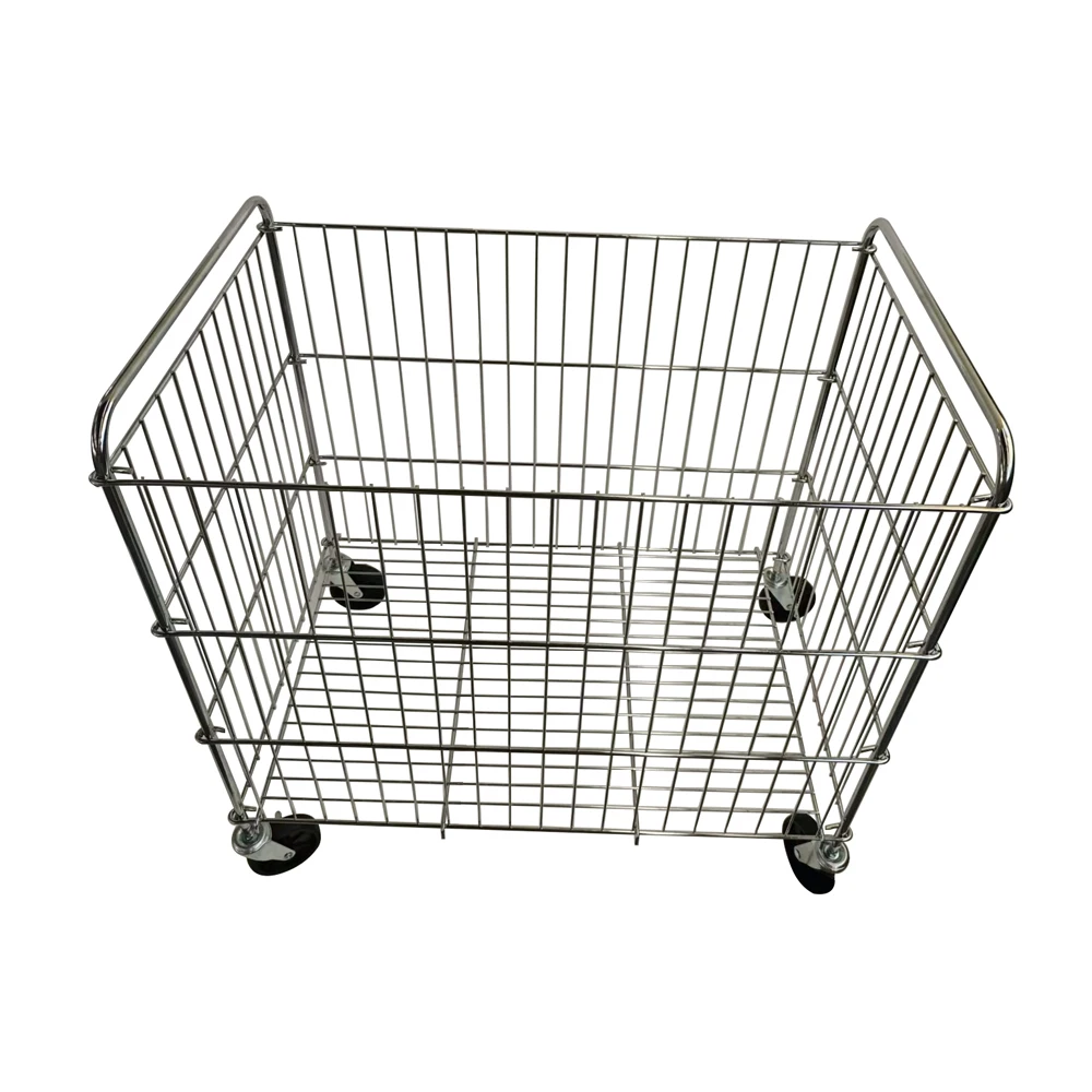 Heavy duty warehouse iron grid steel supermarket shopping basket design metal wire storage cages with wheels