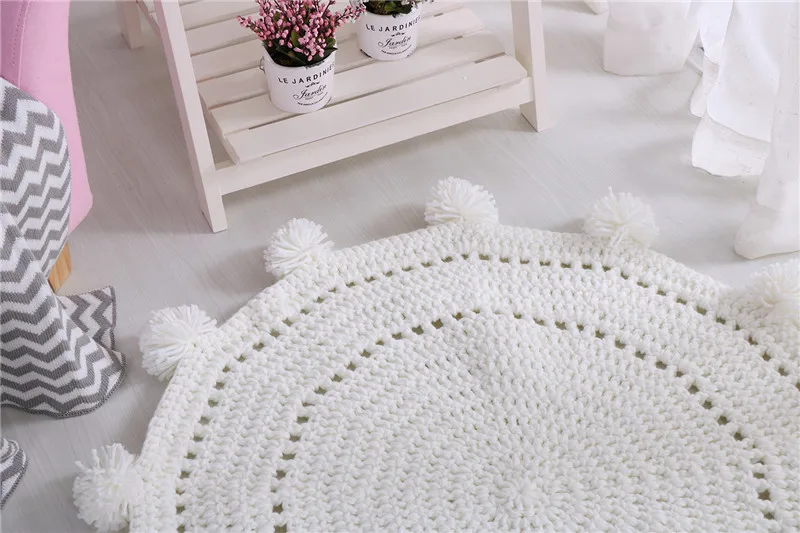  Hollow-out Pompom Kid Room Decor Rug Iceland Yarn Chunky Knit Hand Crochet Home Mat Thick Soft Diameter 80CM Picnic