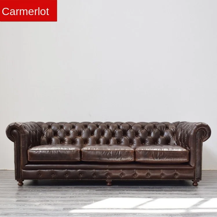 American-Style Vintage Leather Sofa European-Style Buckle Leather Single and Double Three-Seat Sofa Living Room Wax Leather Sofa