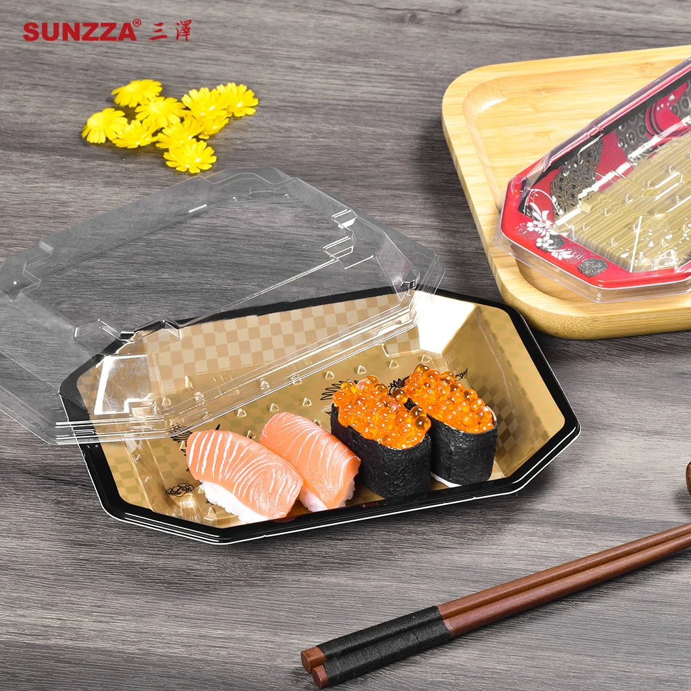 Sunzza luxury red gold tianmin pattern blister PET food grade disposable plastic sushi packaging boxes for take out