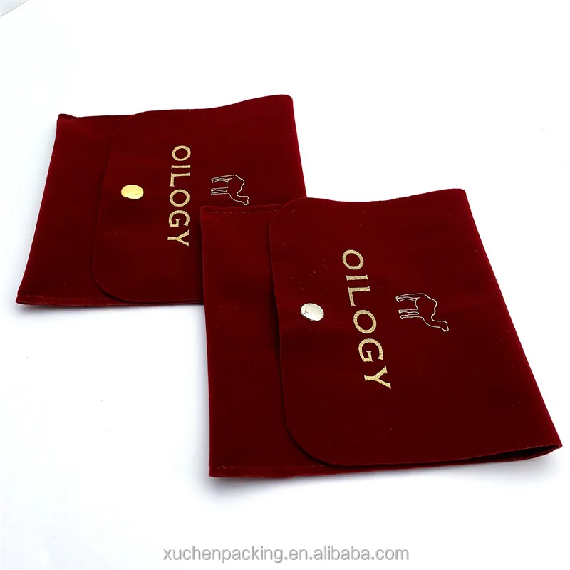 Luxury Packaging Burgundy Color Velvet Necklaces and Bracelets Bags With Button Gold Foil Logo Velvet Envelope Jewelry Pouch