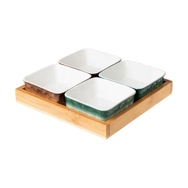 Stone Grain Texture Bamboo Tray White Snack Plate Blue Porcelain Square Dish With Wood Tray Ceramic Food Serving Tray