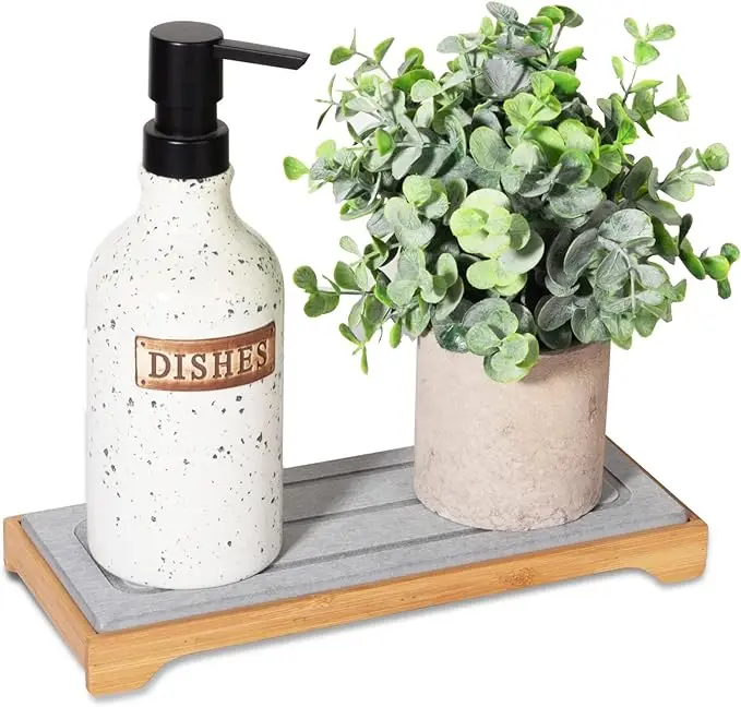 CF SDM39 Bamboo Rack with Diatomaceous Earth Stone Drying Mat Bathroom Countertop Organizer Soap Dish Tray Tool Use