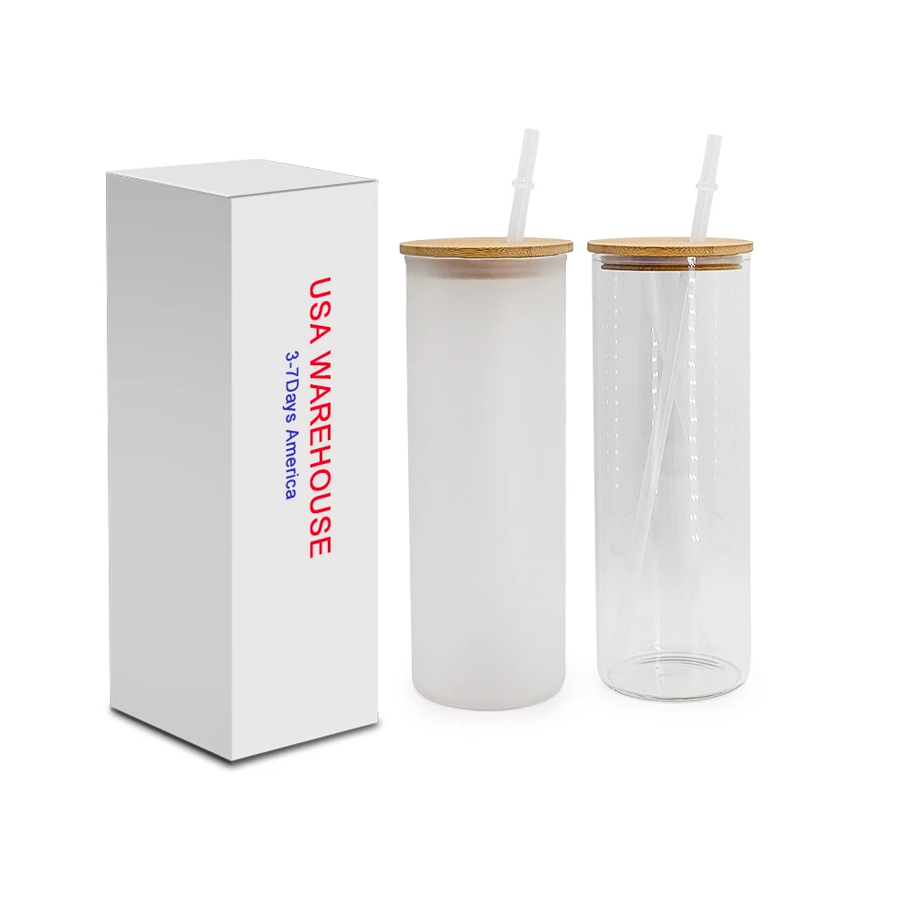 2022 Summer hot product 25oz Glass Tumbler sublimation clear frosted with lid and straw For Heat Press