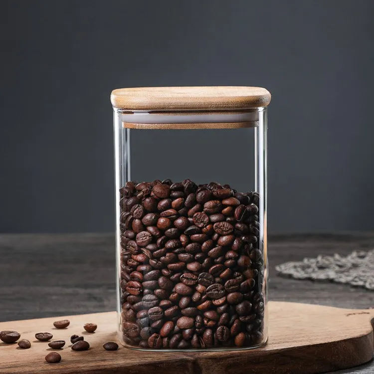Wholesale kitchen empty 600ml 800ml square glass jar with bamboo lid