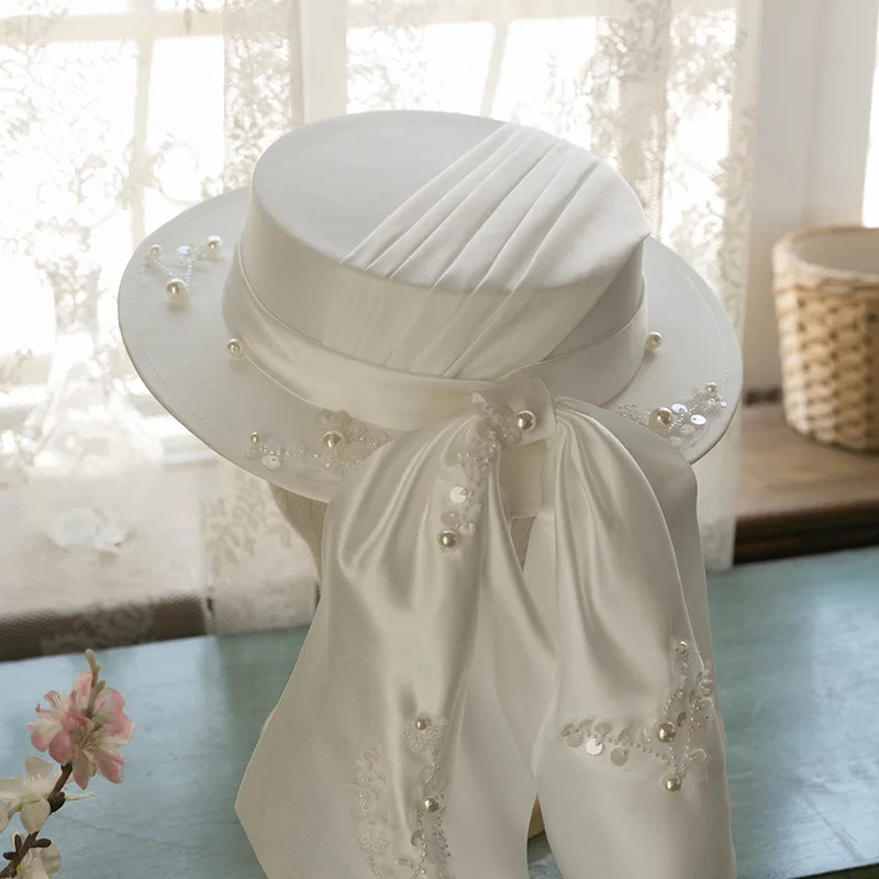 2021 Bride Wedding Dress French Style English Satin Elegant Hat Women Ladies Retro Hat Retro Banquet Photo Studio Accessories