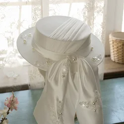 2021 Bride Wedding Dress French Style English Satin Elegant Hat Women Ladies Retro Hat Retro Banquet Photo Studio Accessories