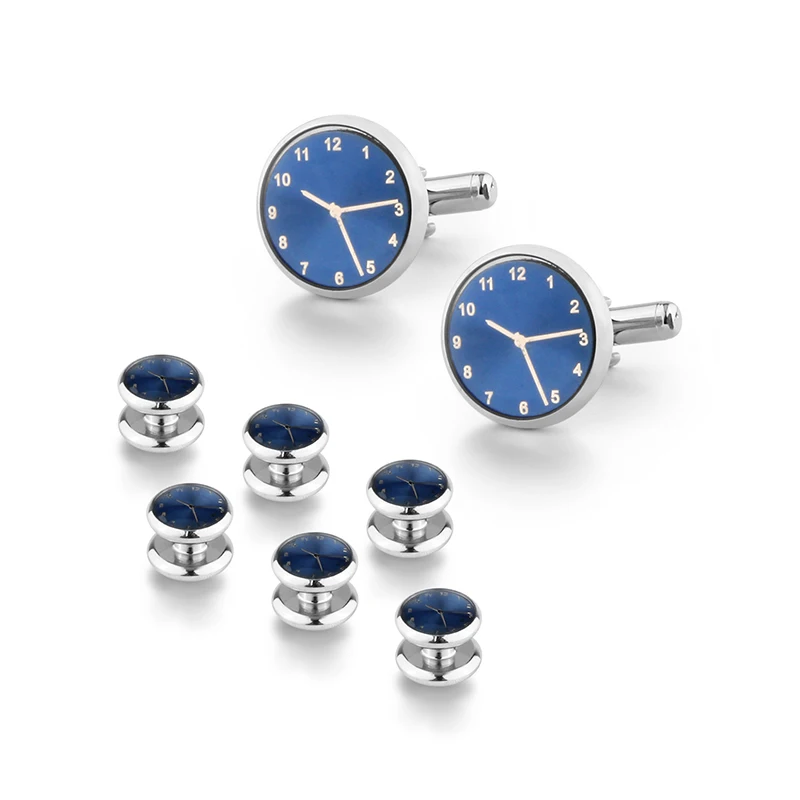 High Quality 8pcs Set Men Cufflinks and Studs Set Round Clocks Cufflinks and Studs for Tuxedo Shirt, Business, Wedding