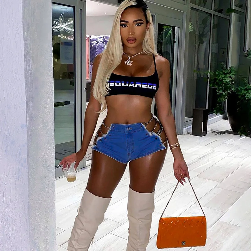 Hot Sale Newest sexy personalized corn-chain hollow out jean shorts for women 2022